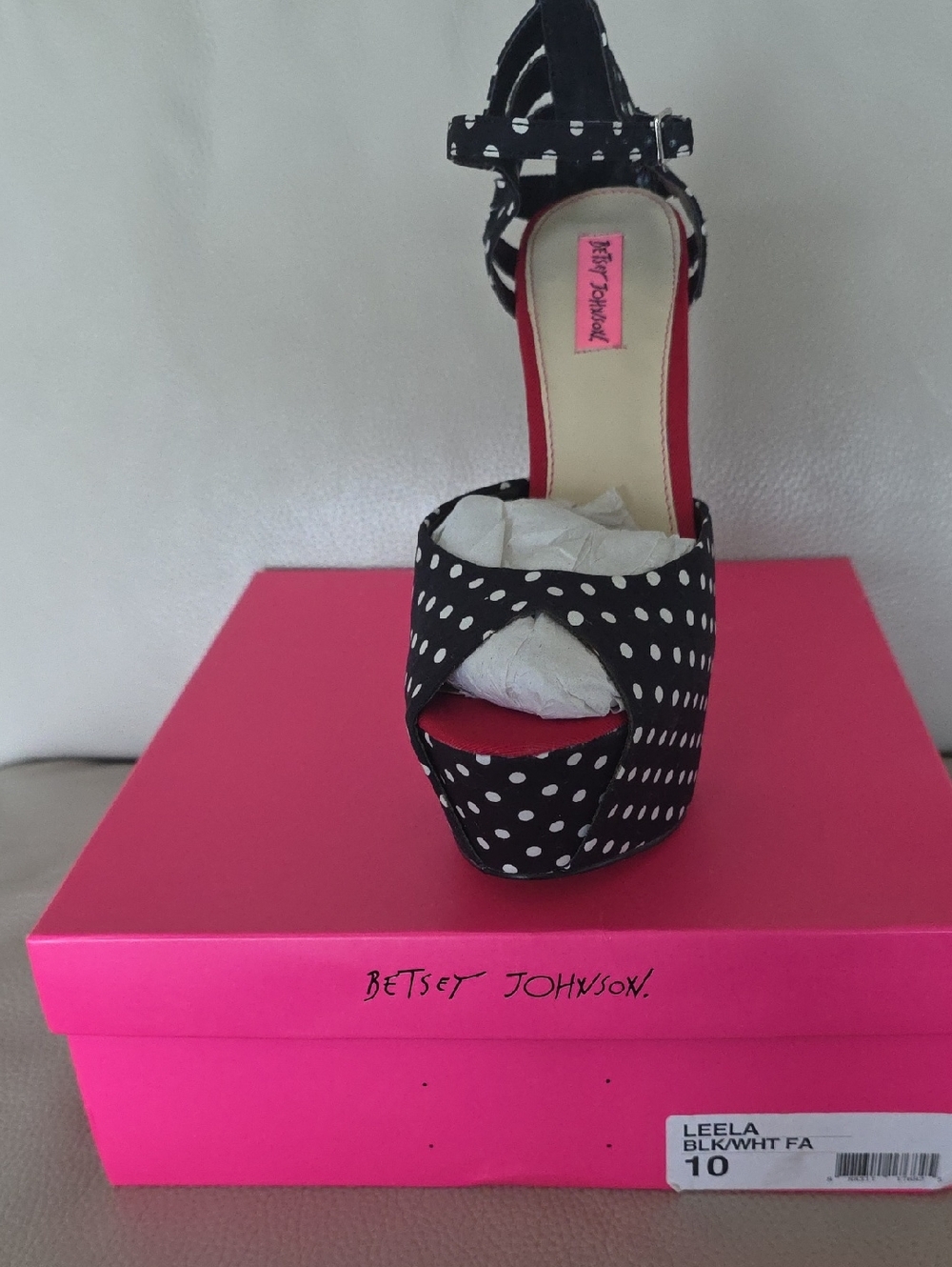 Betsey Johnson Black & White Polka Dot Platform Heels with Red Lining - Picture 4 of 4